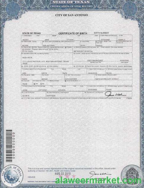 USA Texas birth certificate